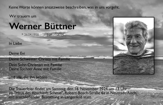 Traueranzeige von Werner Büttner von Neustadt/ Scheinfeld/ Uffenheim