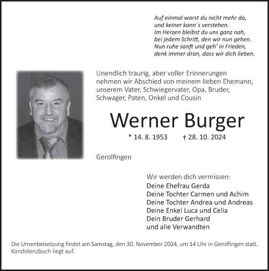 Traueranzeige von Werner Burger von Dinkelsbühl/ Feuchtwangen