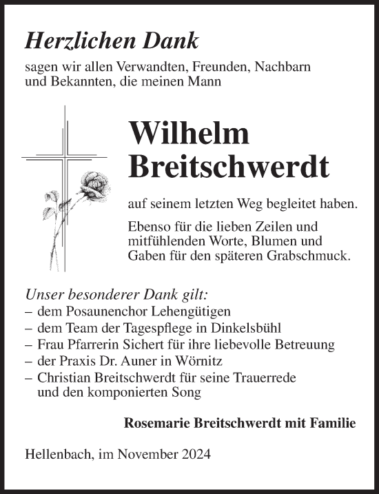 Traueranzeige von Wilhelm Breitschwerdt von Dinkelsbühl/ Feuchtwangen