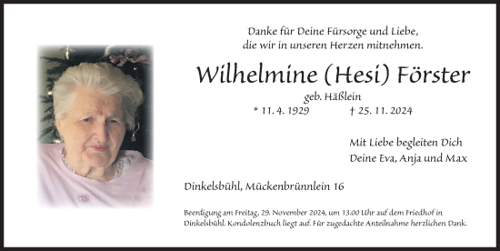 Traueranzeige von Wilhelmine Förster von Dinkelsbühl/ Feuchtwangen