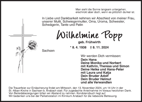 Traueranzeige von Wilhelmine Popp von Ansbach