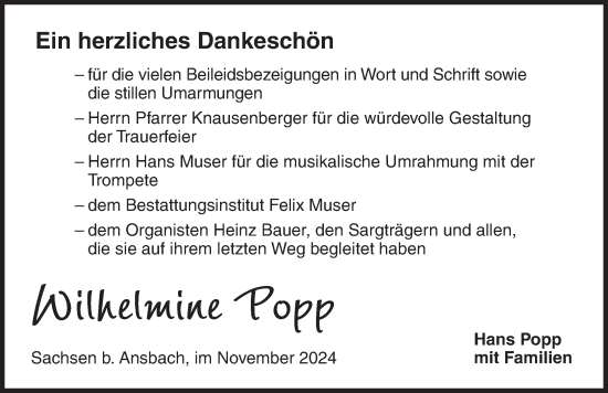 Traueranzeige von Wilhelmine Popp von Ansbach