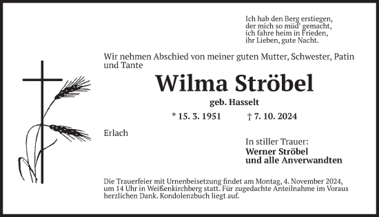 Traueranzeige von Wilma Ströbel von GE