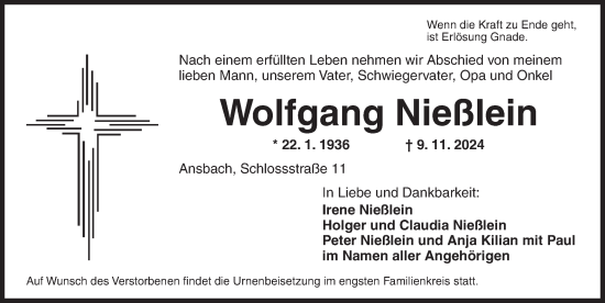 Traueranzeige von Wolfgang Nießlein von Ansbach