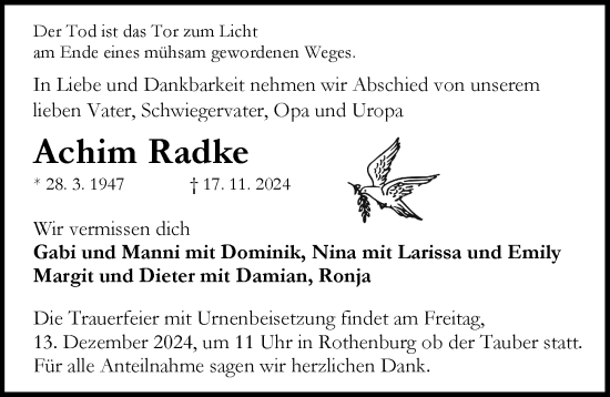 Traueranzeige von Achim Radke von Rothenburg