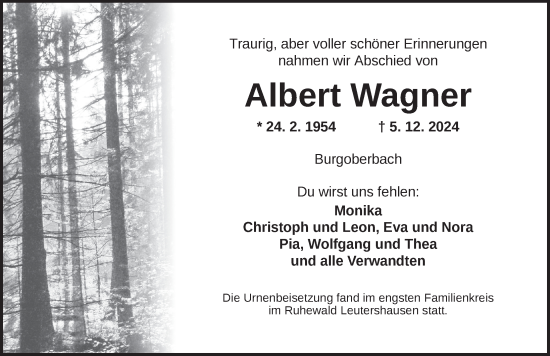 Traueranzeige von Albert Wagner von Ansbach