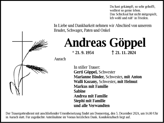 Traueranzeige von Andreas Göppel von Ansbach