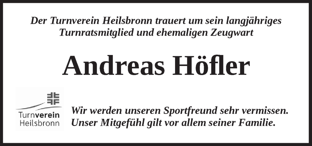  Traueranzeige für Andreas Höfler vom 07.12.2024 aus Ansbach