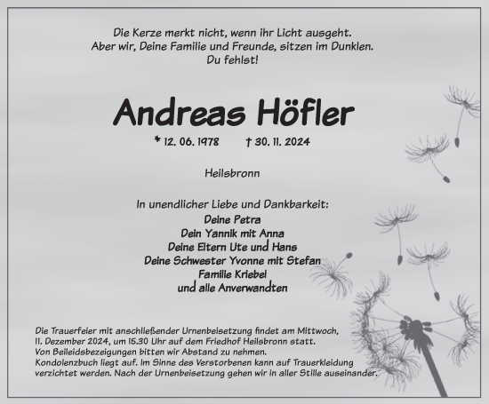 Traueranzeige von Andreas Höfler von Ansbach