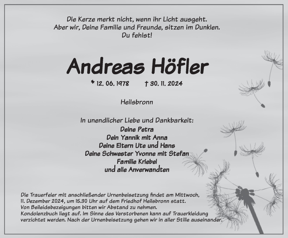  Traueranzeige für Andreas Höfler vom 07.12.2024 aus Ansbach