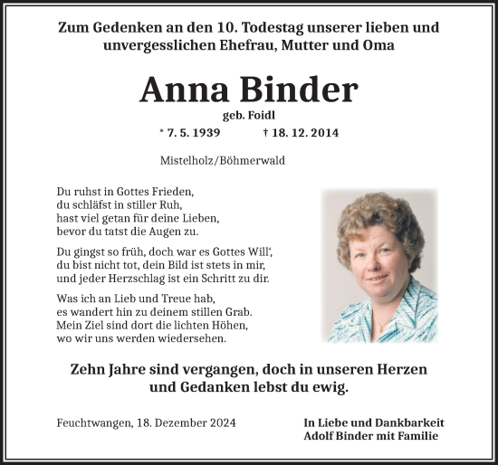 Traueranzeige von Anna Binder von Dinkelsbühl/ Feuchtwangen