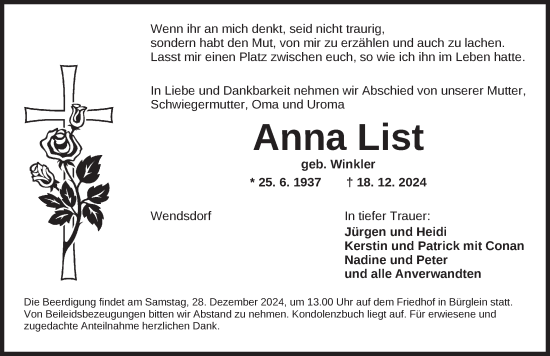 Traueranzeige von Anna List von Ansbach