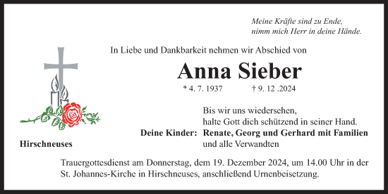 Traueranzeige von Anna Sieber von Neustadt/ Scheinfeld/ Uffenheim