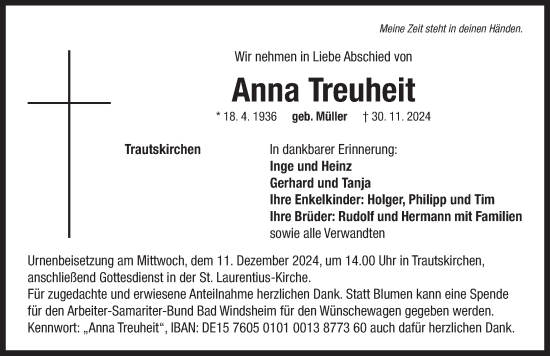 Traueranzeige von Anna Treuheit von Neustadt/ Scheinfeld/ Uffenheim