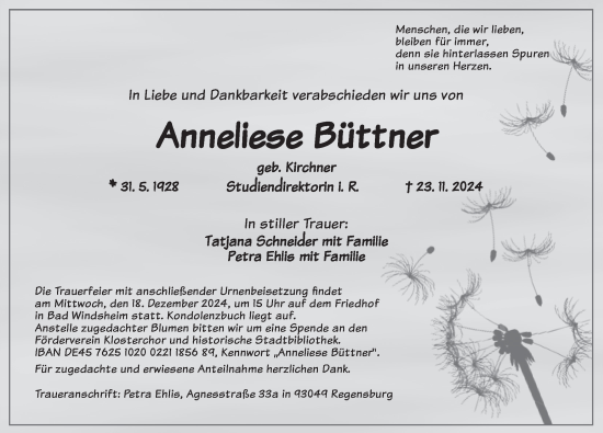 Traueranzeige von Anneliese Büttner von Neustadt/ Scheinfeld/ Uffenheim