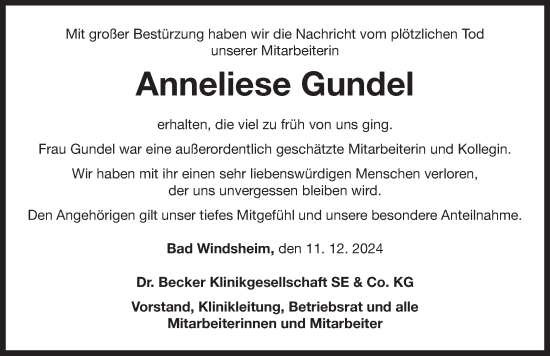 Traueranzeige von Anneliese Gundel von Neustadt/ Scheinfeld/ Uffenheim