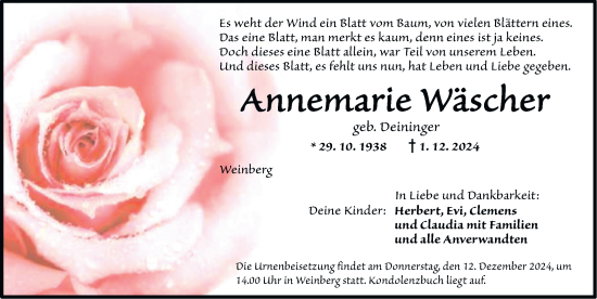 Traueranzeige von Annemarie Wäscher von Dinkelsbühl/ Feuchtwangen