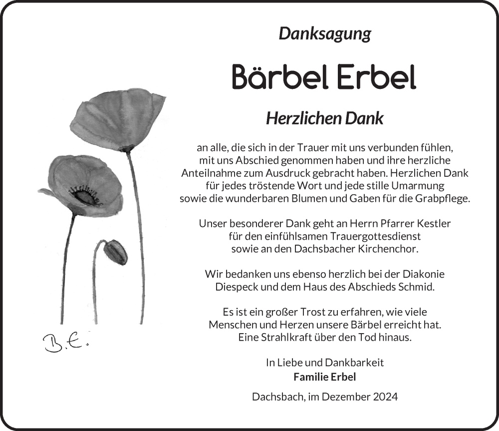  Traueranzeige für Bärbel Erbel vom 07.12.2024 aus Neustadt/ Scheinfeld/ Uffenheim