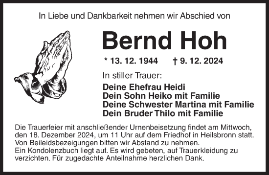 Traueranzeige von Bernd Hoh von Ansbach