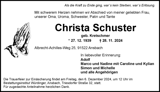 Traueranzeige von Christa Schuster von Ansbach