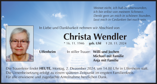 Traueranzeige von Christa Wendler von Neustadt/ Scheinfeld/ Uffenheim