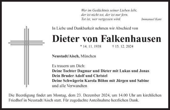 Traueranzeige von Dieter von Falkenhausen von Neustadt/ Scheinfeld/ Uffenheim