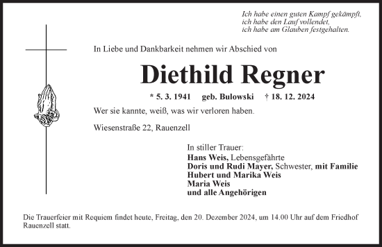 Traueranzeige von Diethild Regner von Dinkelsbühl/ Feuchtwangen