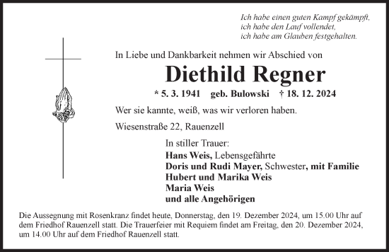 Traueranzeige von Diethild Regner von Ansbach