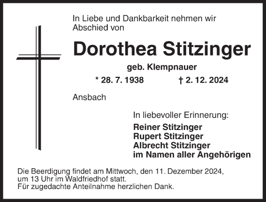 Traueranzeige von Dorothea Stitzinger von Ansbach