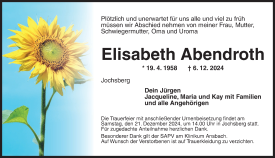 Traueranzeige von Elisabeth Abendroth von Ansbach