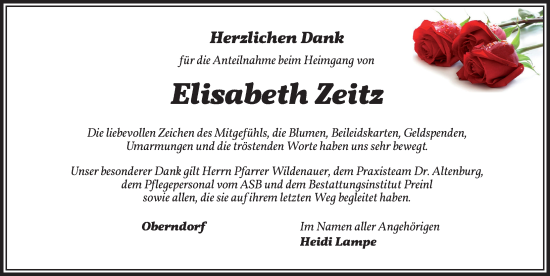 Traueranzeige von Elisabeth Zeitz von Neustadt/ Scheinfeld/ Uffenheim