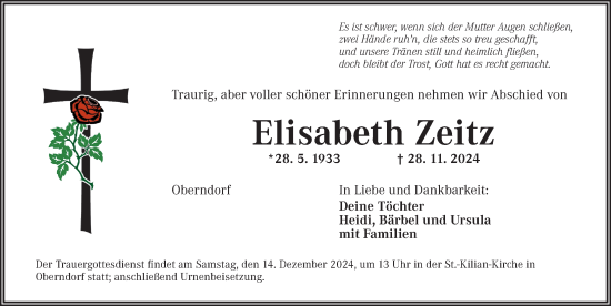 Traueranzeige von Elisabeth Zeitz von Neustadt/ Scheinfeld/ Uffenheim