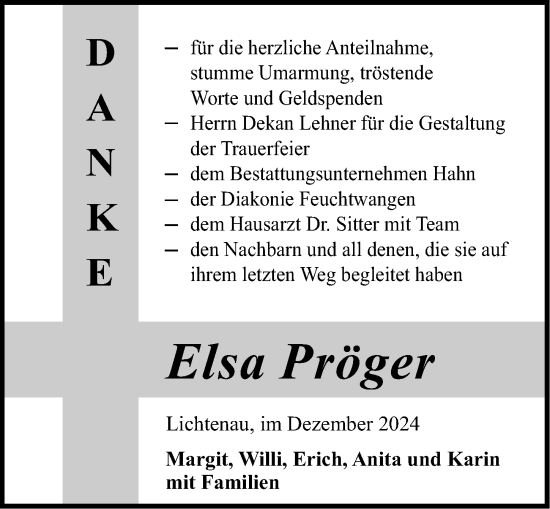 Traueranzeige von Elsa Pröger von Dinkelsbühl/ Feuchtwangen