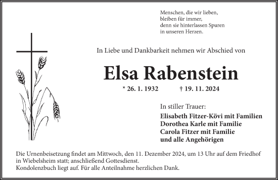 Traueranzeige von Elsa Rabenstein von Neustadt/ Scheinfeld/ Uffenheim