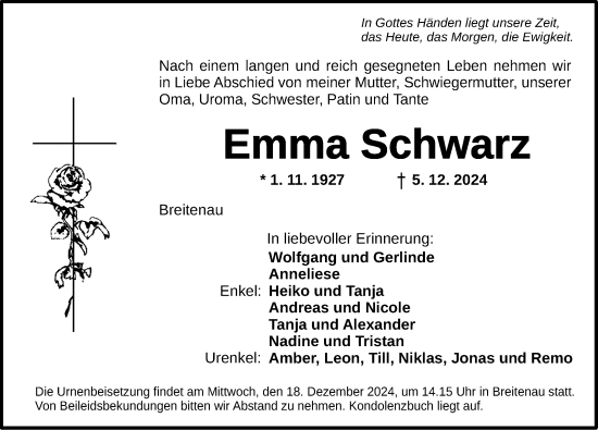 Traueranzeige von Emma Schwarz von Dinkelsbühl/ Feuchtwangen