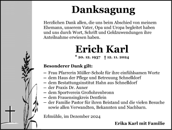 Traueranzeige von Erich Karl von Dinkelsbühl/ Feuchtwangen