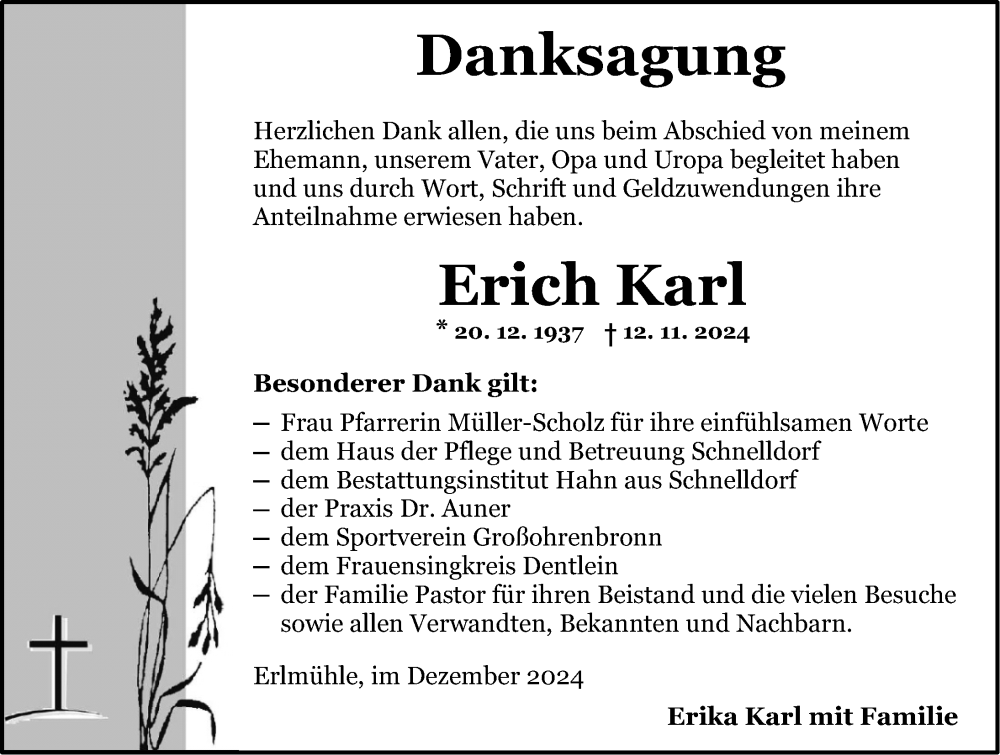  Traueranzeige für Erich Karl vom 14.12.2024 aus Dinkelsbühl/ Feuchtwangen