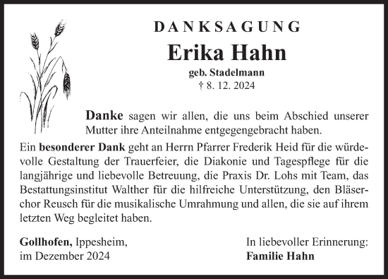 Traueranzeige von Erika Hahn von Neustadt/ Scheinfeld/ Uffenheim