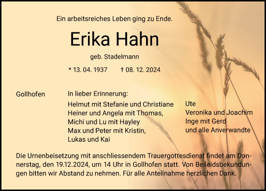 Traueranzeige von Erika Hahn von Neustadt/ Scheinfeld/ Uffenheim