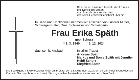 Traueranzeige von Erika Späth von Ansbach