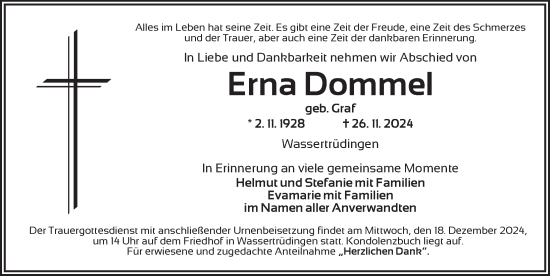 Traueranzeige von Erna Dommel von Dinkelsbühl/ Feuchtwangen