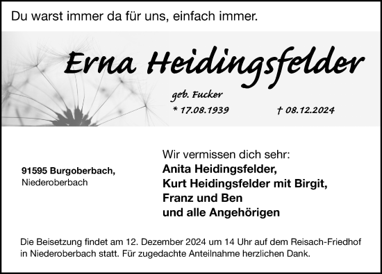 Traueranzeige von Erna Heidingsfelder von Ansbach