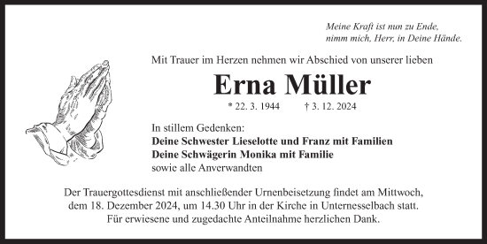 Traueranzeige von Erna Müller von Neustadt/ Scheinfeld/ Uffenheim