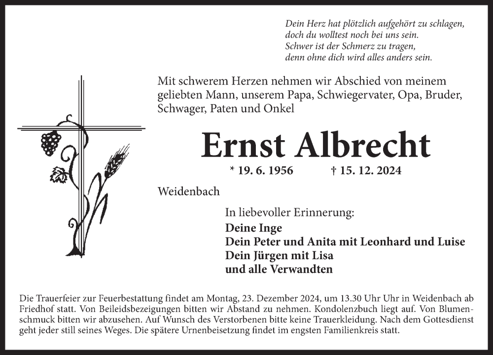  Traueranzeige für Ernst Albrecht vom 21.12.2024 aus Ansbach