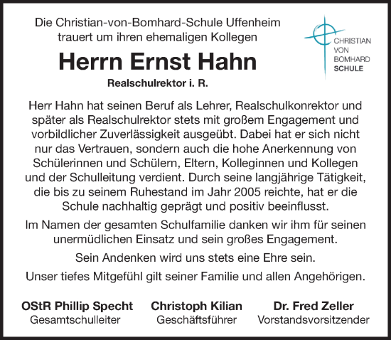 Traueranzeige von Ernst Hahn von Neustadt/ Scheinfeld/ Uffenheim