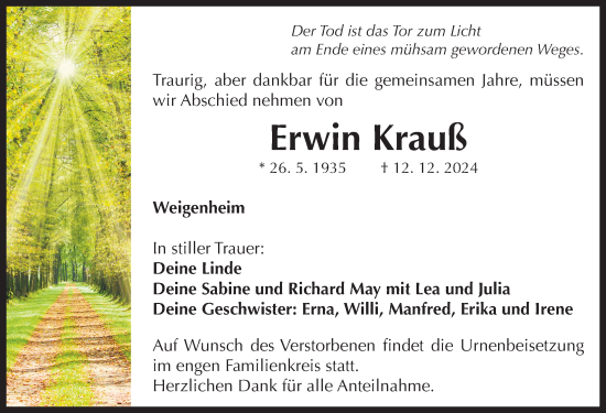 Traueranzeige von Erwin Krauß von Neustadt/ Scheinfeld/ Uffenheim