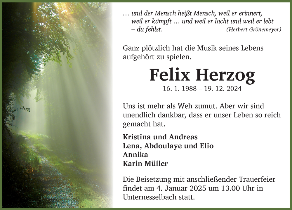  Traueranzeige für Felix Herzog vom 28.12.2024 aus Neustadt/ Scheinfeld/ Uffenheim