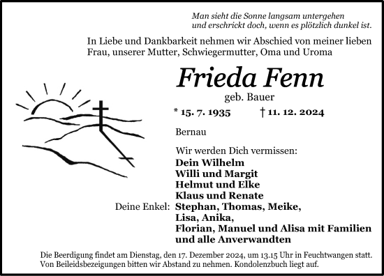 Traueranzeige von Frieda Fenn von Dinkelsbühl/ Feuchtwangen