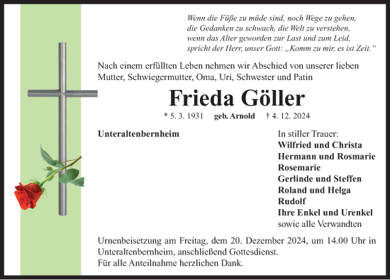 Traueranzeige von Frieda Göller von Neustadt/ Scheinfeld/ Uffenheim