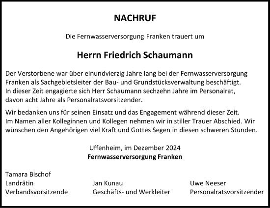 Traueranzeige von Friedrich Schaumann von Neustadt/ Scheinfeld/ Uffenheim